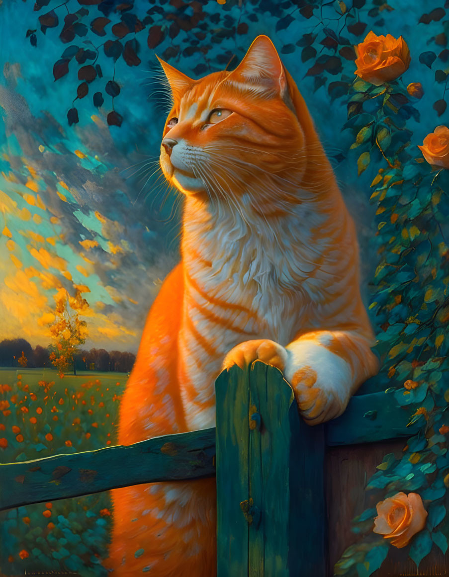 Orange Tabby Cat on Wooden Fence in Vibrant Landscape