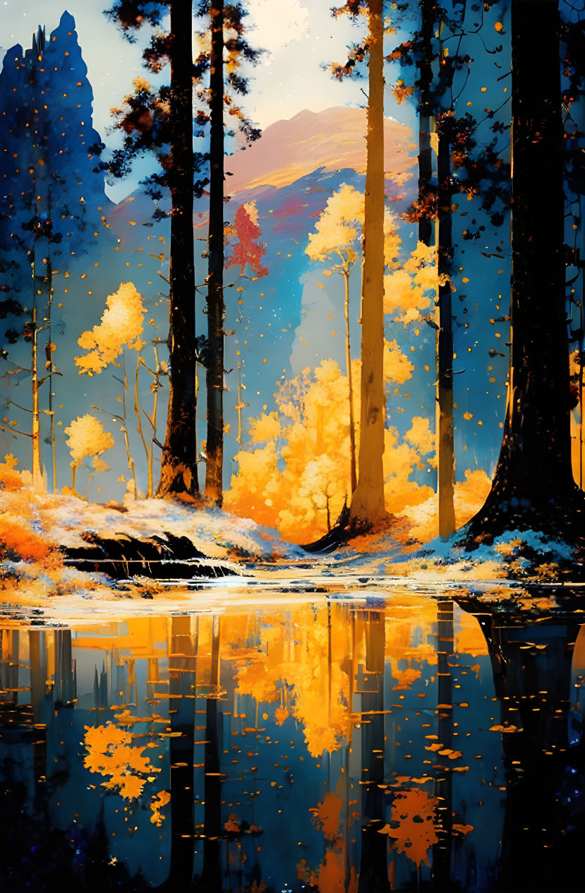 Autumn forest scene with tall trees, golden leaves, reflecting river at dusk