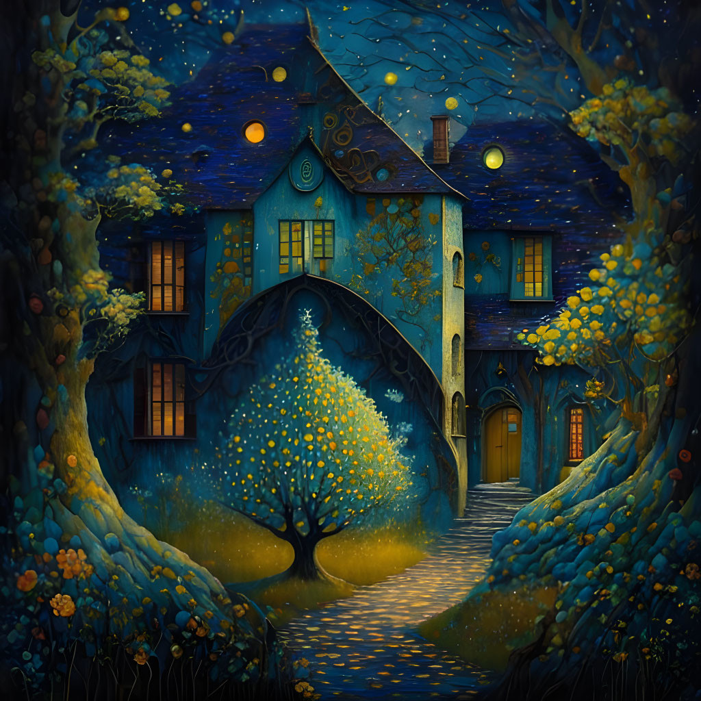 Whimsical blue house in magical forest with glowing flowers