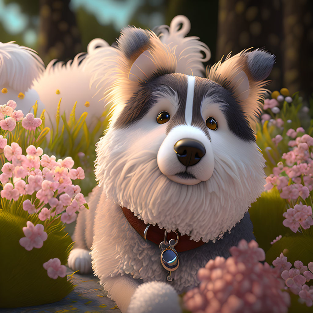 Black and White Dog Relaxing Among Pink Flowers in Forest