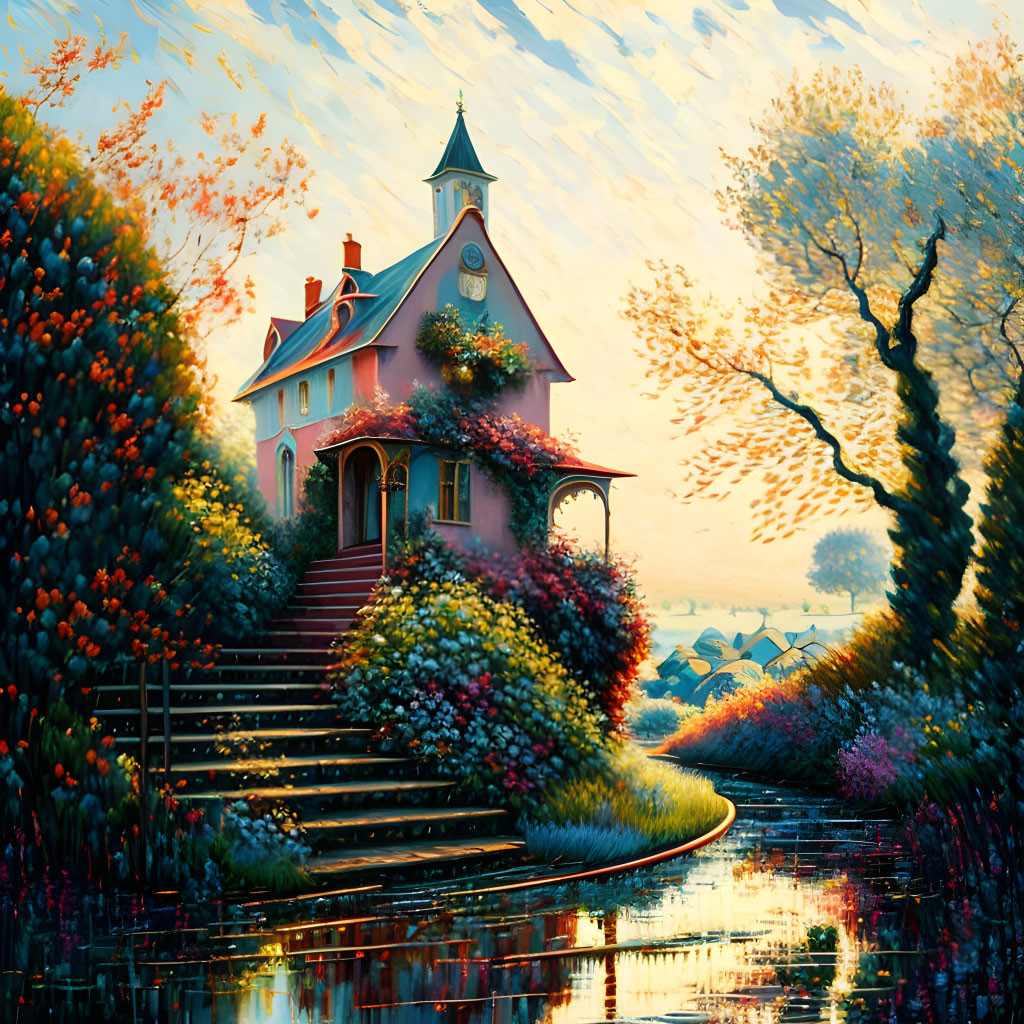 Pink house with clock tower by serene river at sunset