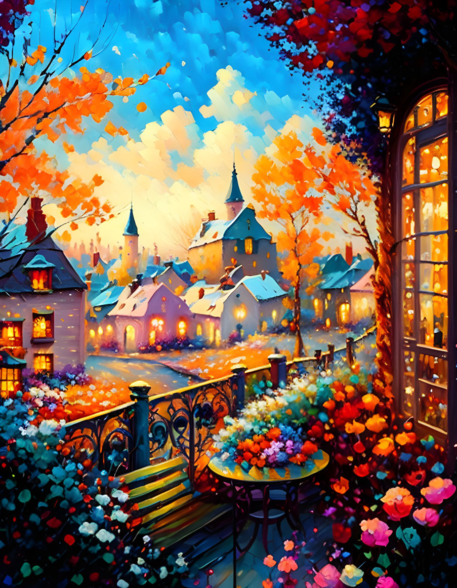 Colorful painting of a village at dusk with illuminated houses and autumn trees