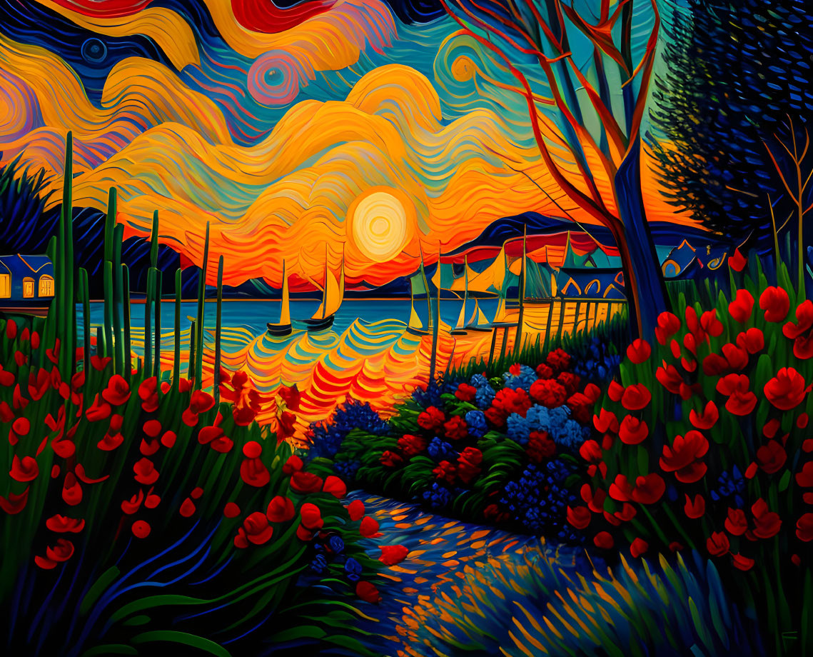 Colorful Van Gogh-style landscape with swirling skies, setting sun, sailboats, and quaint houses