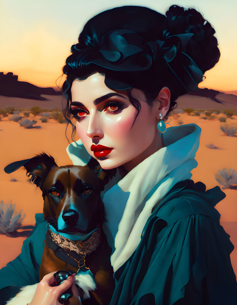 Illustrated woman with dark hair and red lips holding a brown and black dog in desert sunset.