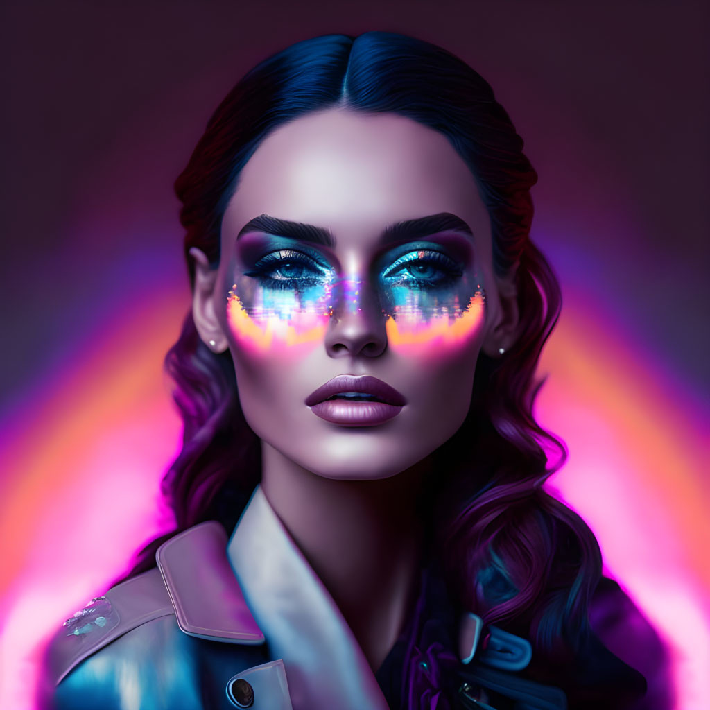 Vibrant neon-colored makeup on woman against pink-purple backdrop