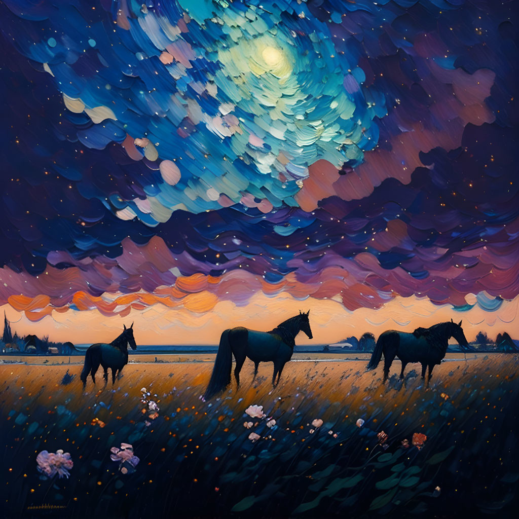 Three horses under vibrant starry sky with moon and flowers at dusk