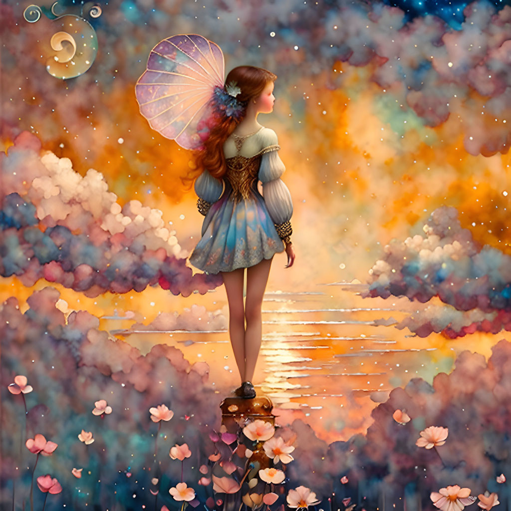 Illustration of fairy on lily pad in dreamy sunset sky.