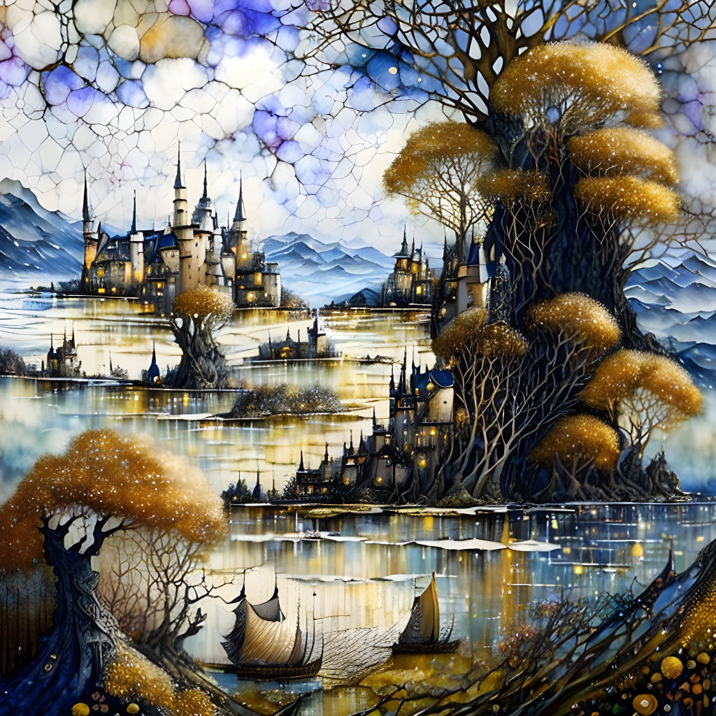 Elaborate Castle by Golden Trees and Starry Sky