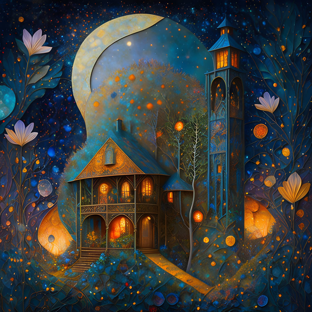 Cozy house and tree under starry night with crescent moon illustration