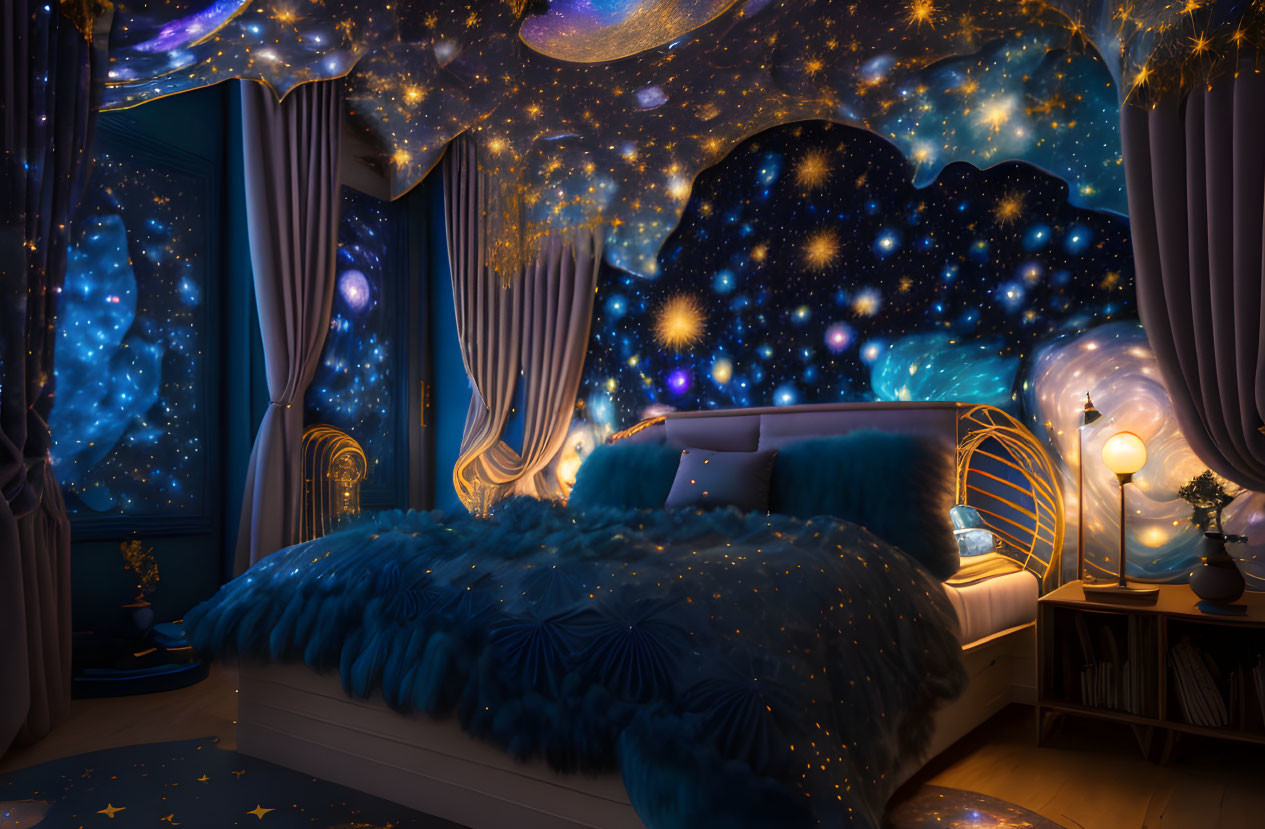 Star-themed cozy bedroom with plush blue bedding and celestial decor