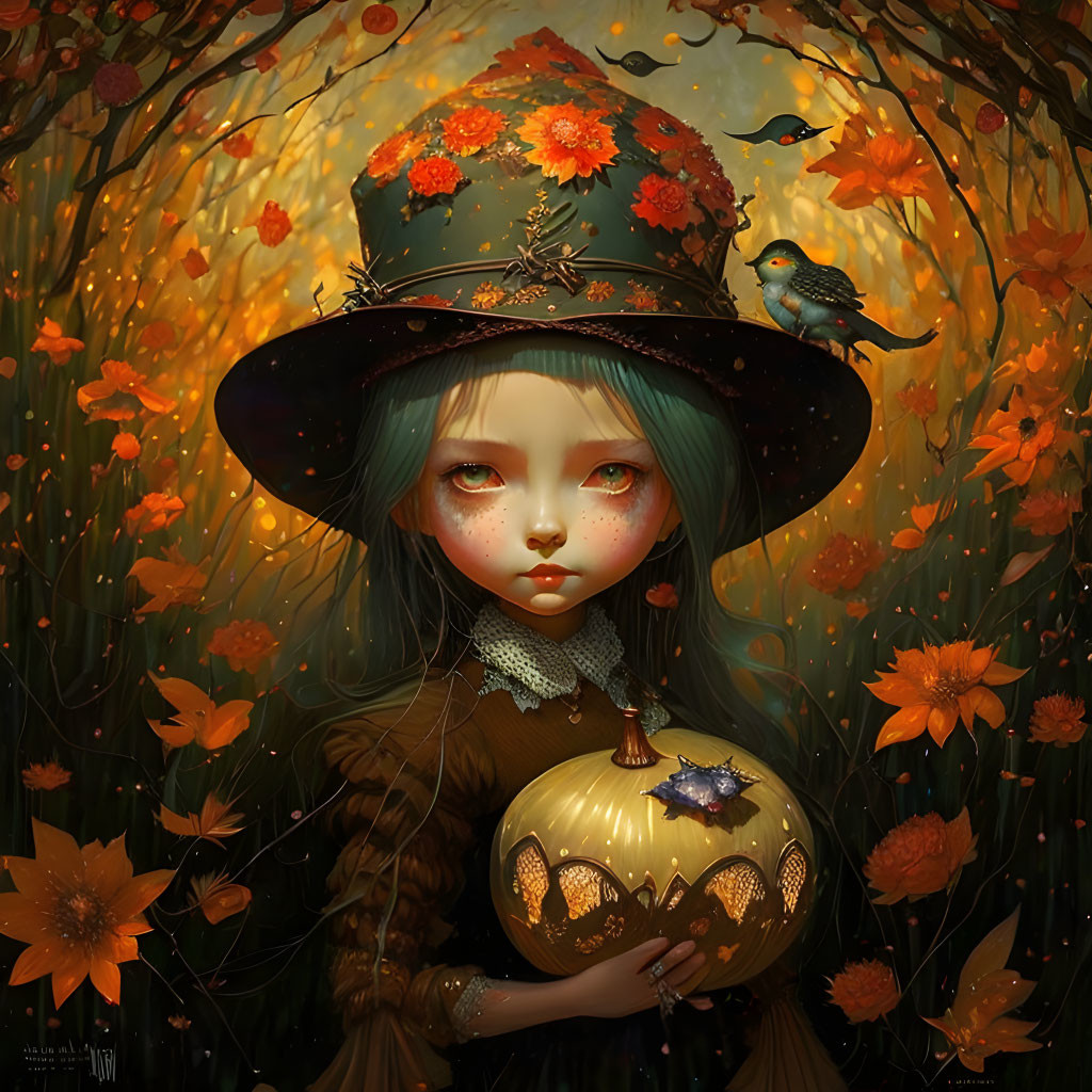 Illustration of girl with blue hair and autumn hat holding pumpkin in forest