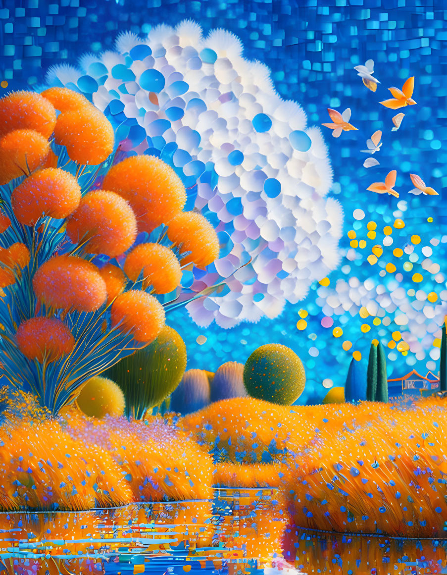 Colorful surreal landscape: orange trees, blue sky, spherical bushes, reflective water.