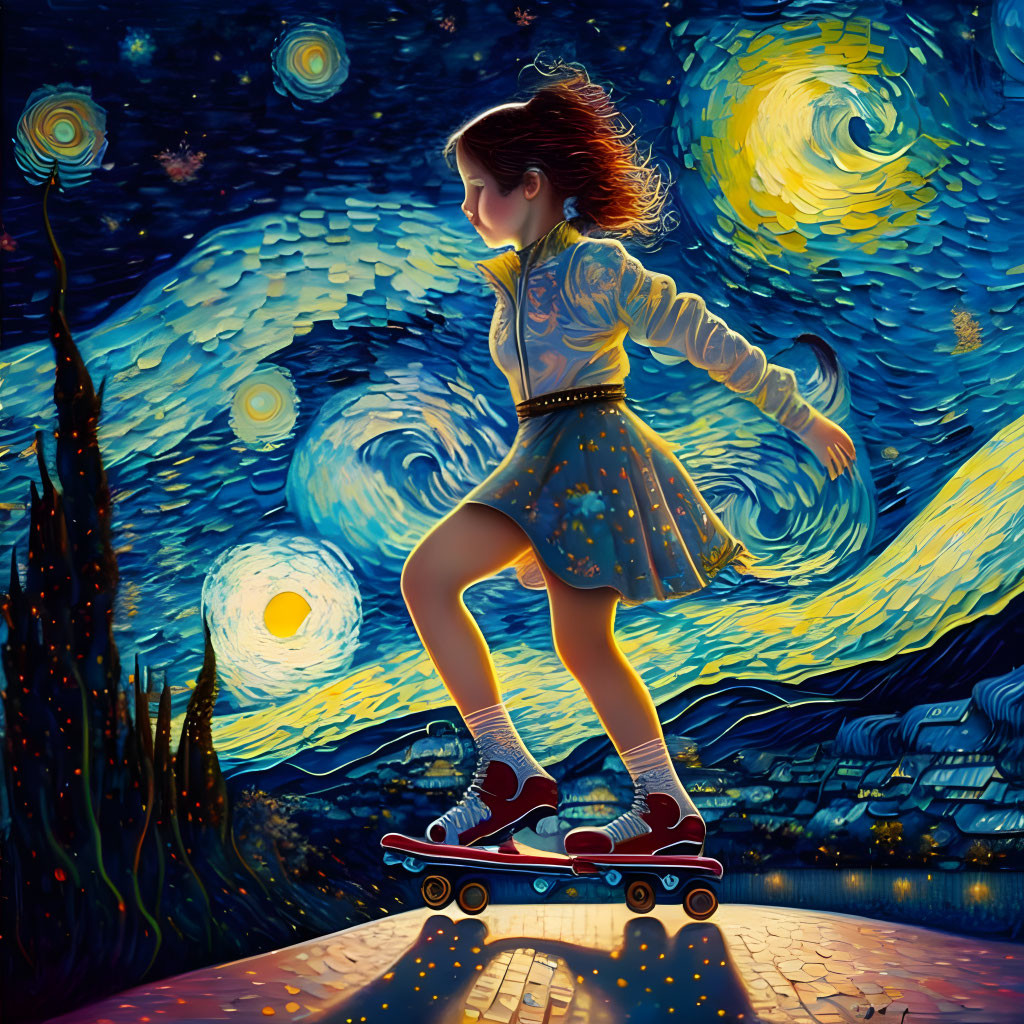 Girl skateboarding at night with Van Gogh's "Starry Night" inspired backdrop