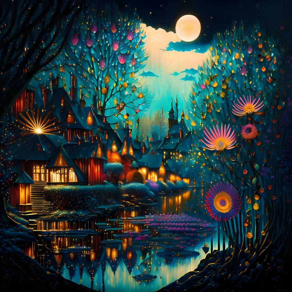 Nighttime landscape with illuminated trees, houses, lake, flowers, full moon, and starry sky