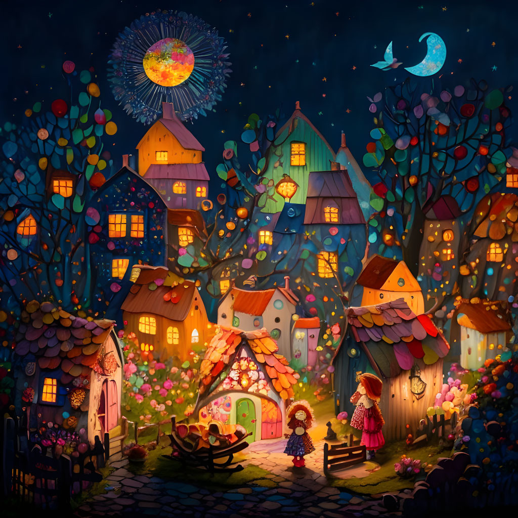 Vibrant night scene with glowing trees and magical village landscape