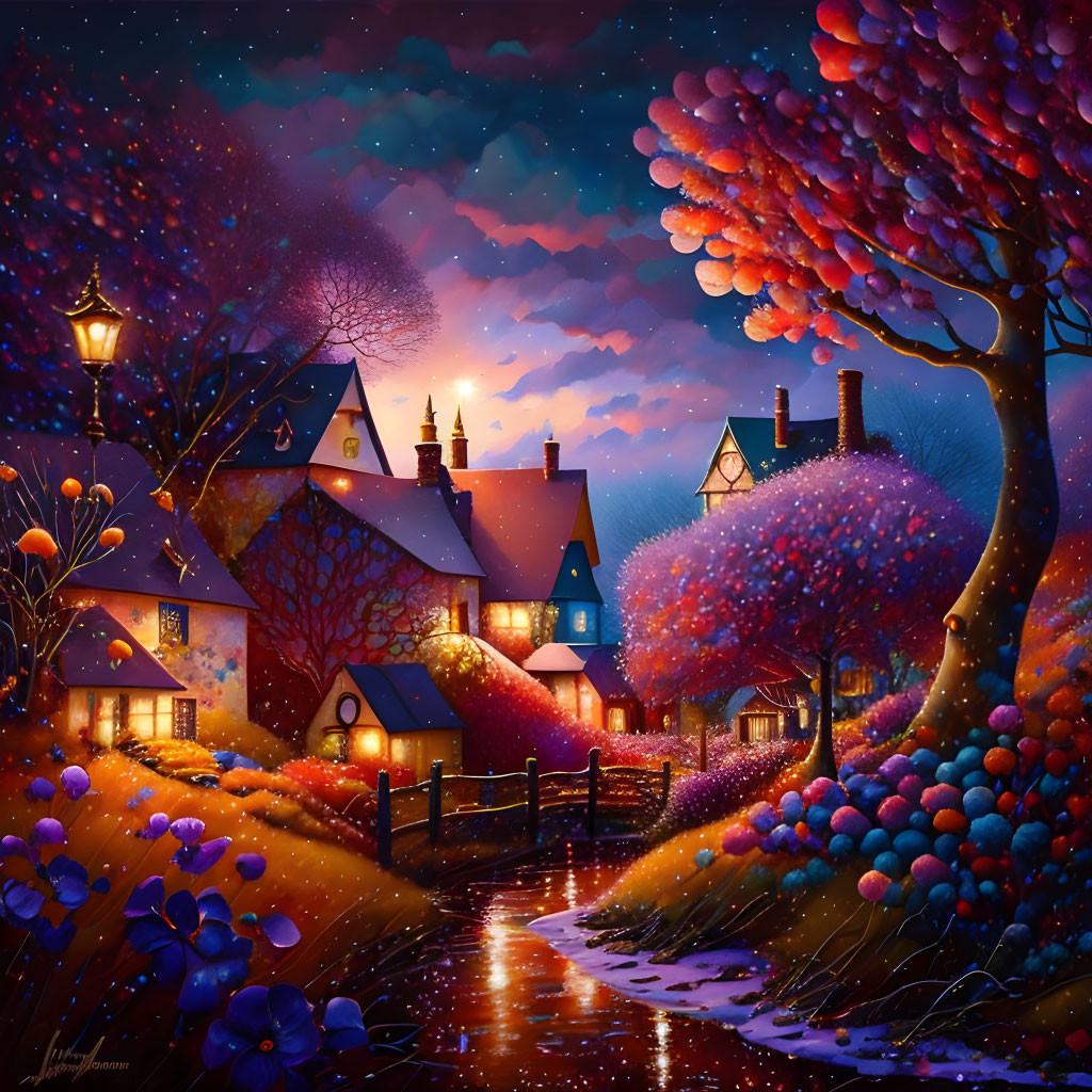 Vibrant colorful trees and cozy cottages in a starry night scene