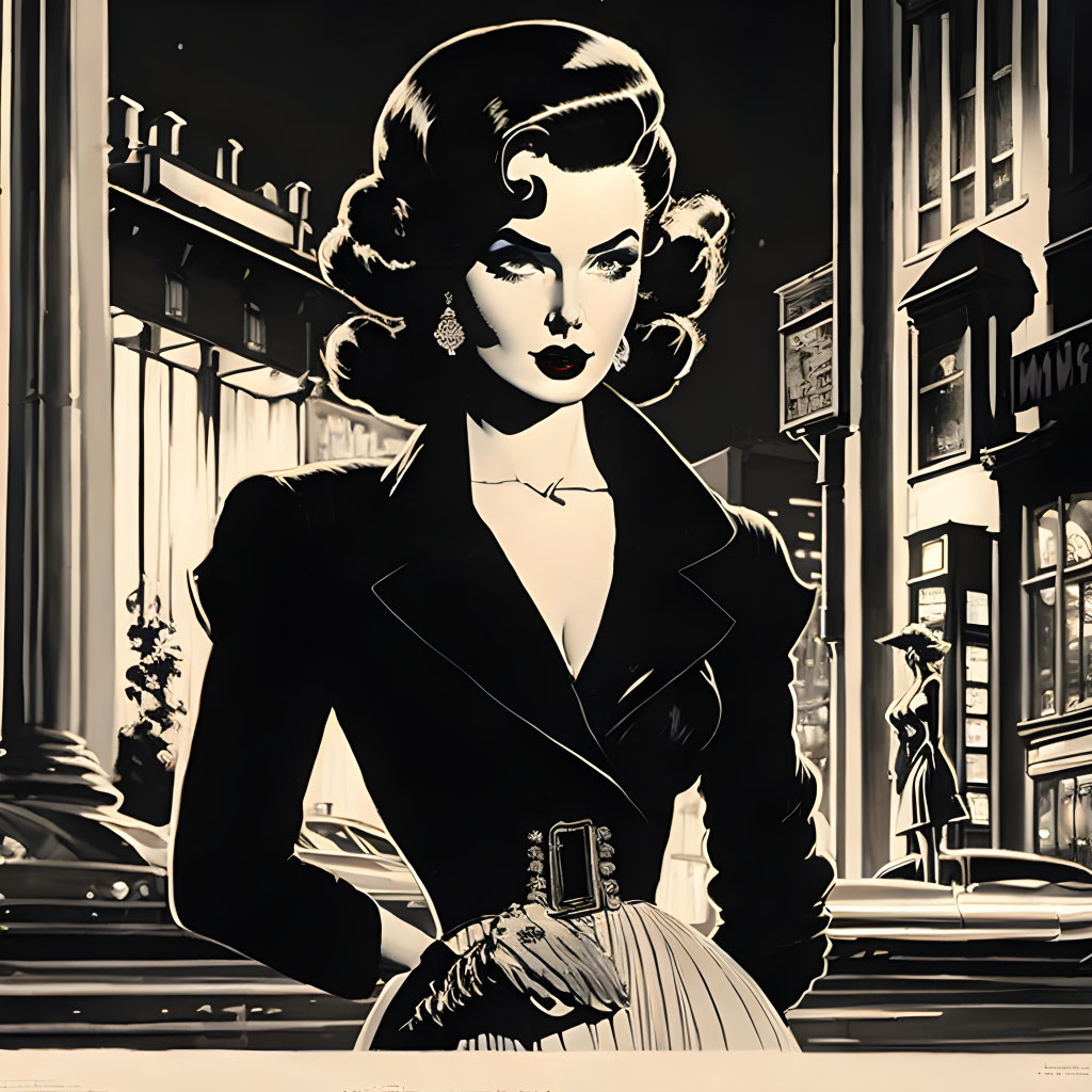 Monochrome illustration of glamorous woman with vintage hairstyle and city backdrop