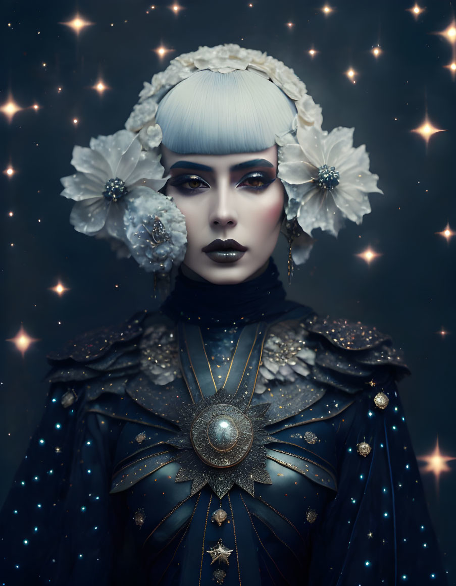 Elegant woman in dark blue attire with golden details, set against a starry backdrop