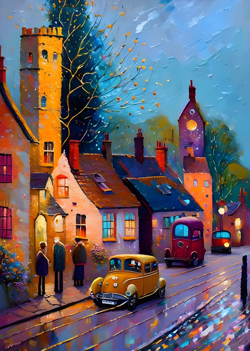 Vibrant painting of evening street scene with vintage cars and castle tower