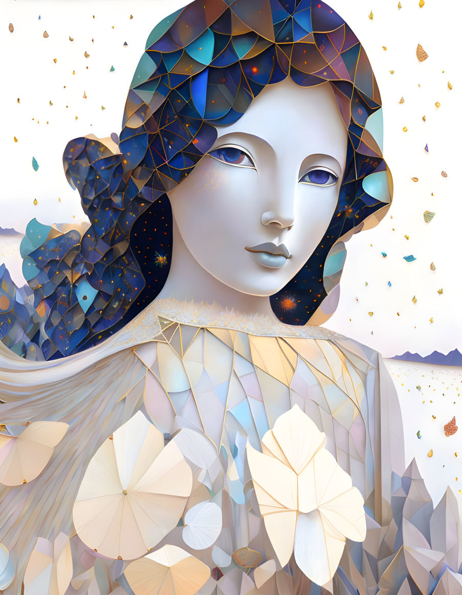 Serene female figure with mosaic and geometric pastel design & gold accents