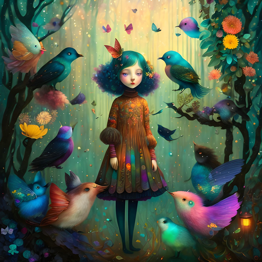 Serene girl in mystical forest with colorful birds and vibrant flowers