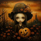 Illustration of girl with blue hair and autumn hat holding pumpkin in forest