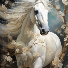 White Unicorn with Golden Horn and Chain Among White and Pink Flowers on Starry Night Background