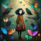 Serene girl in mystical forest with colorful birds and vibrant flowers