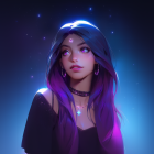 Digital portrait: Woman with purple hair in galaxy dress under starry sky