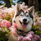 Black and White Dog Relaxing Among Pink Flowers in Forest