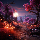 Vibrant colorful trees and cozy cottages in a starry night scene