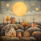 Whimsical village art with oversized moon and starry sky