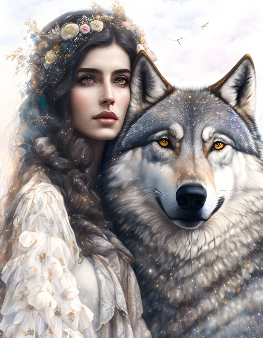 Woman with floral crown and wolf in serene setting.