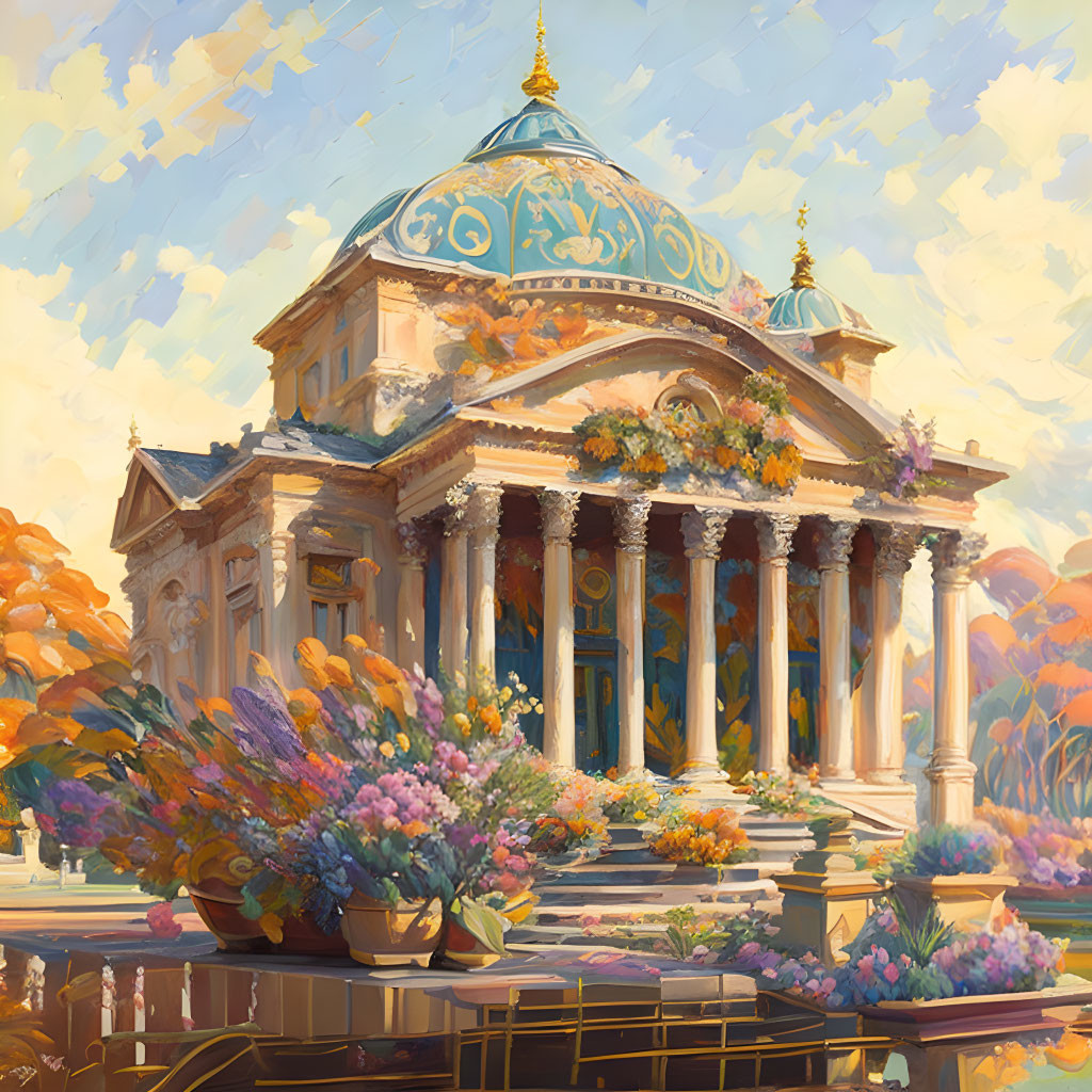 Classical Pavilion with Green Dome and Corinthian Columns in Autumn Scene