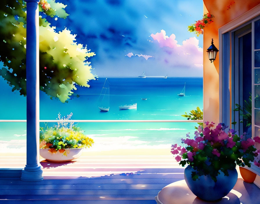 Sunny day seaside view with flowers and sailing boats