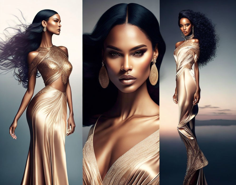 Collage of Woman in Shimmering Gold Dress