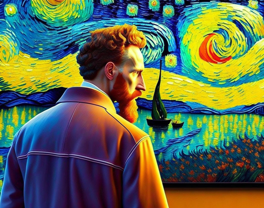 Man in profile with swirling starry night sky backdrop illustration