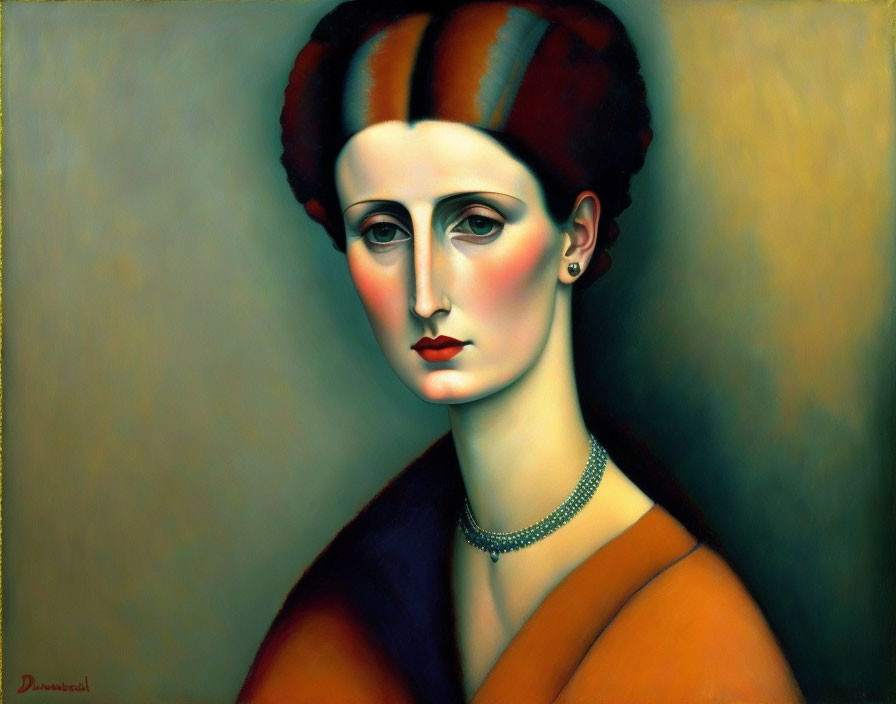 Stylized painting of woman with red hair and pearl necklace