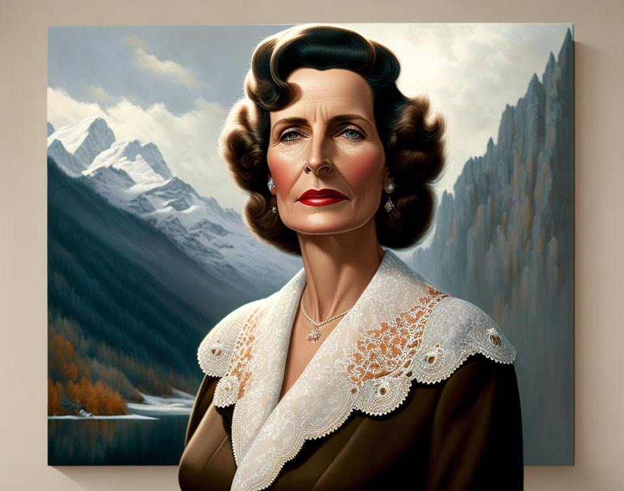 Portrait of woman with wavy brown hair and red lipstick against mountain backdrop