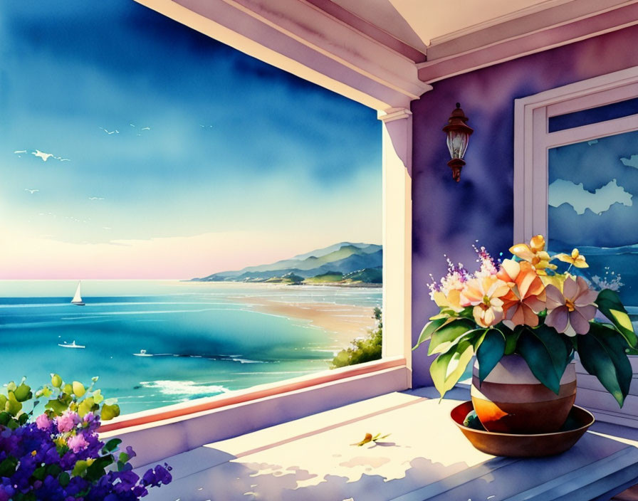 Seaside balcony watercolor with flowers, lantern, beach, and sailboat