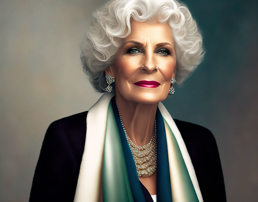 Elderly woman in black outfit and white scarf smiling confidently