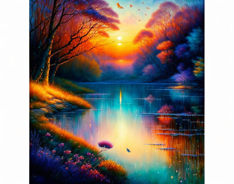 Colorful sunset painting: serene lake, blooming trees, bird reflections