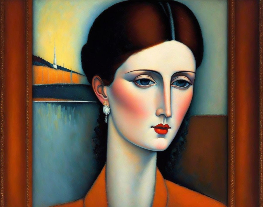 Stylized portrait of woman with bold features and serene expression