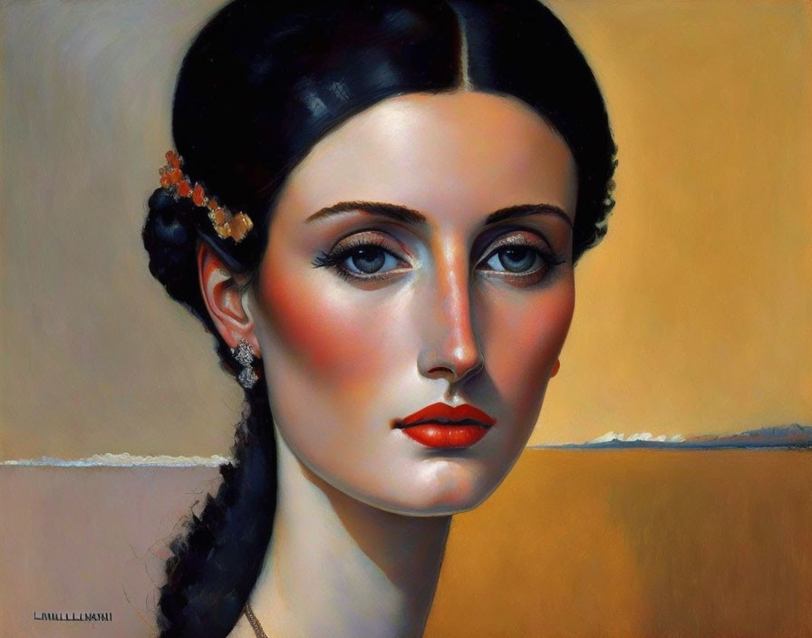 Stylized woman portrait with red lips and braided hair