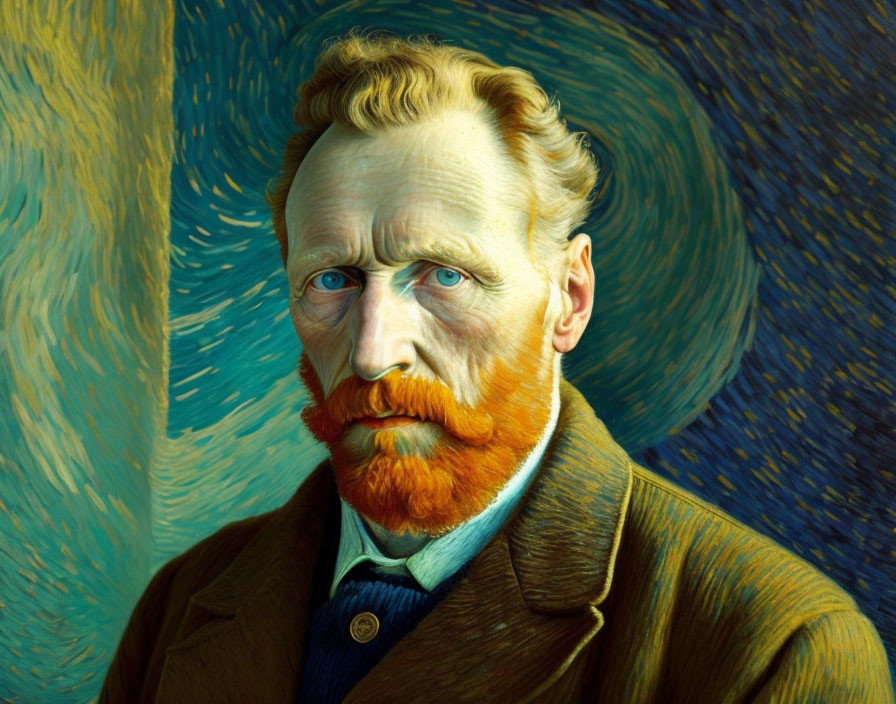 Vivid impressionist-style portrait of a bearded man with swirling blue and yellow patterns