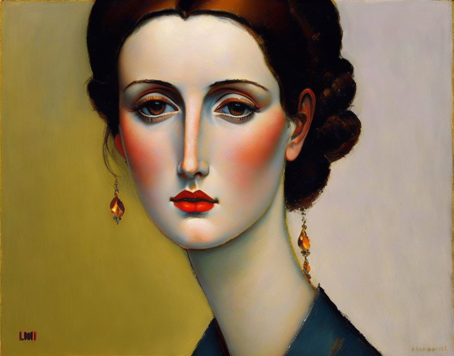 Stylized portrait of a woman with red lips and teardrop earrings