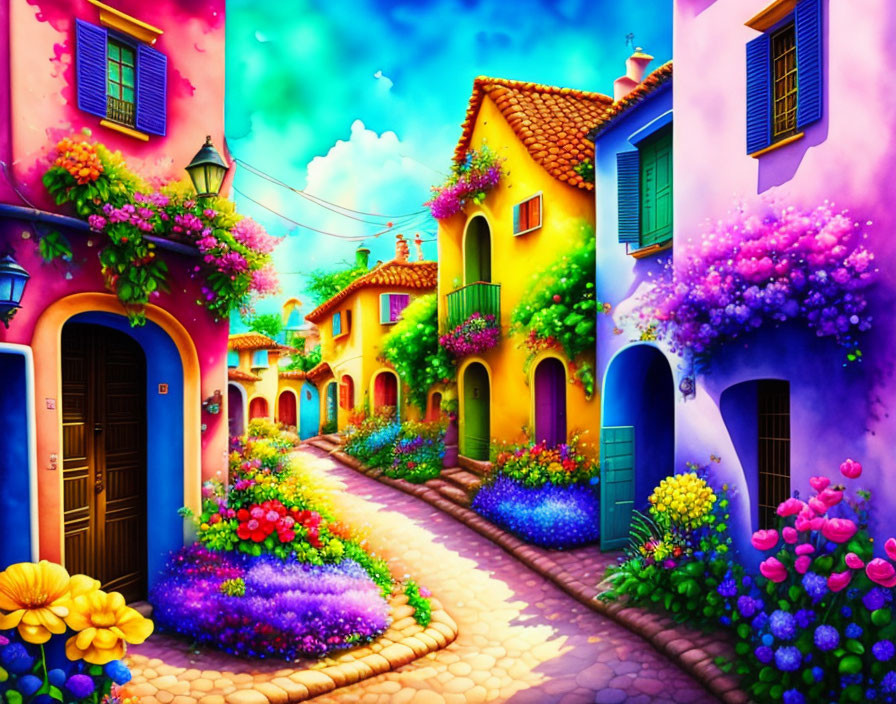 Colorful Street with Picturesque Houses and Blooming Flowers