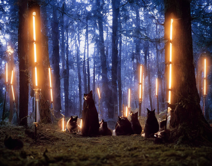 Group of Cats Surrounded by Glowing Vertical Lights in Mystical Forest