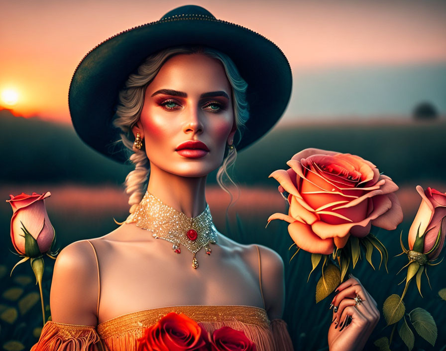 Styled woman in wide-brimmed hat holds rose at sunset