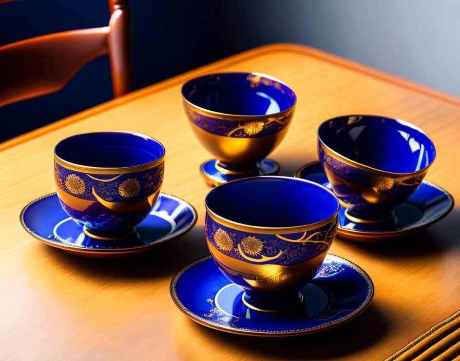 Four Elegant Blue and Gold Teacups with Saucers on Wooden Table